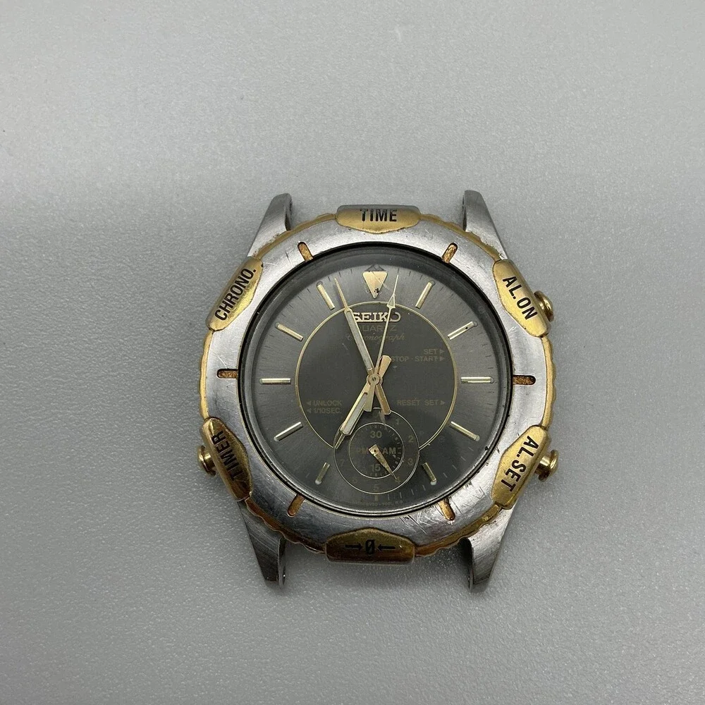 Seiko Men Watch 32mm Black Dial Two Tone Alarm Chrono 8V20 For Parts Not Running